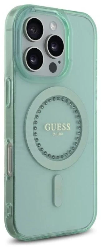 Guess GUHMP16XPFTDTEN Apple iPhone 16 Pro Max 6.9″ žalias kietas dėklas IML Rhinestones MagSafe