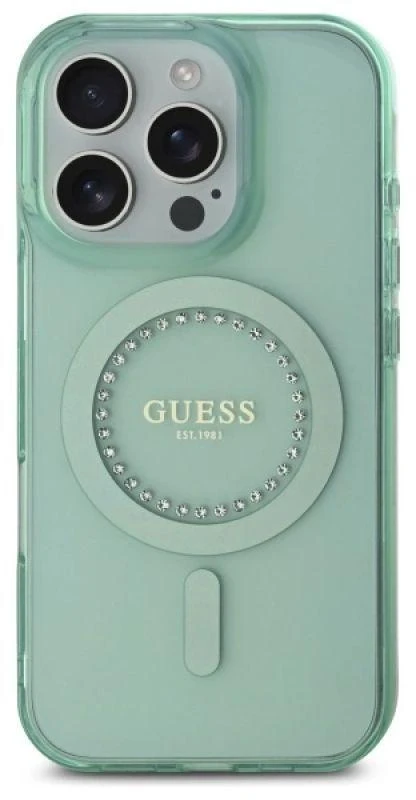 Guess GUHMP16XPFTDTEN Apple iPhone 16 Pro Max 6.9″ žalias kietas dėklas IML Rhinestones MagSafe