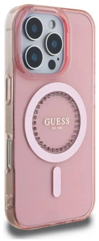 Guess GUHMP16LPFTDTEP Apple iPhone 16 Pro 6.3″ rožinės spalvos kietas dėklas IML Rhinestones MagSafe