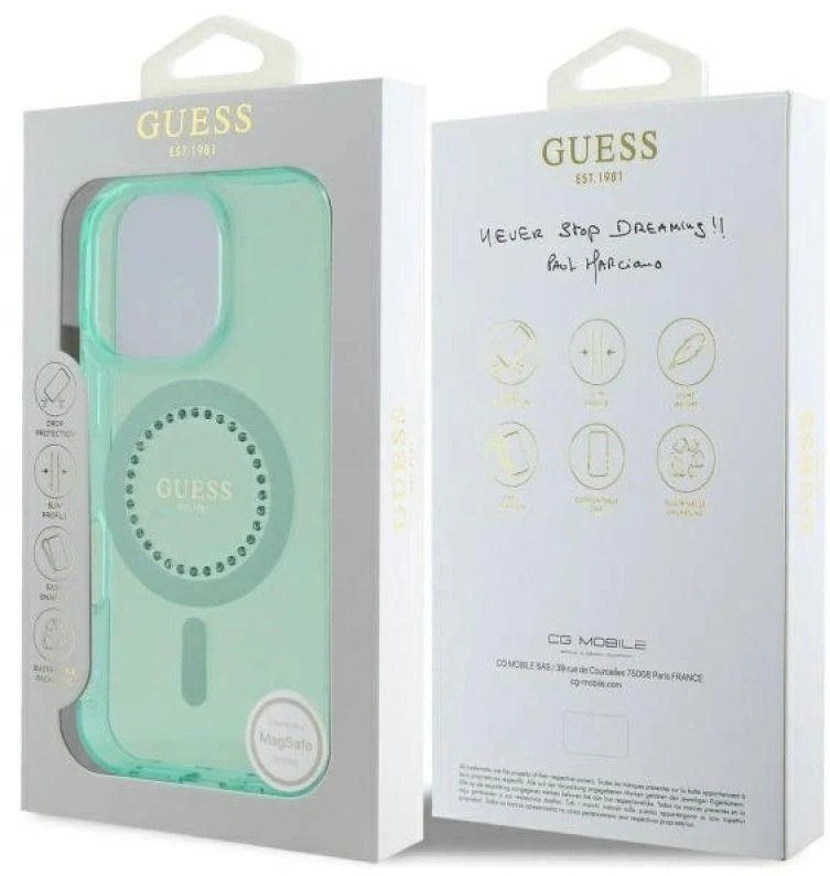 Guess GUHMP16XPFTDTEN Apple iPhone 16 Pro Max 6.9″ žalias kietas dėklas IML Rhinestones MagSafe
