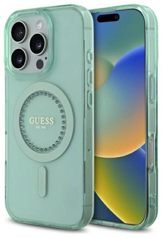 Guess GUHMP16XPFTDTEN Apple iPhone 16 Pro Max 6.9″ žalias kietas dėklas IML Rhinestones MagSafe