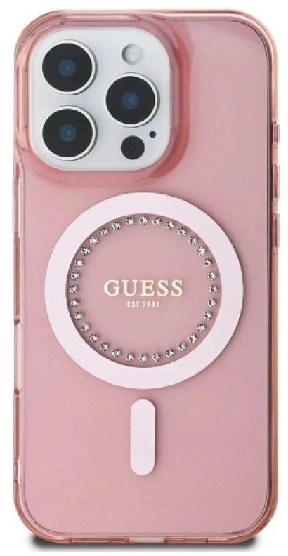 Guess GUHMP16LPFTDTEP Apple iPhone 16 Pro 6.3″ rožinės spalvos kietas dėklas IML Rhinestones MagSafe