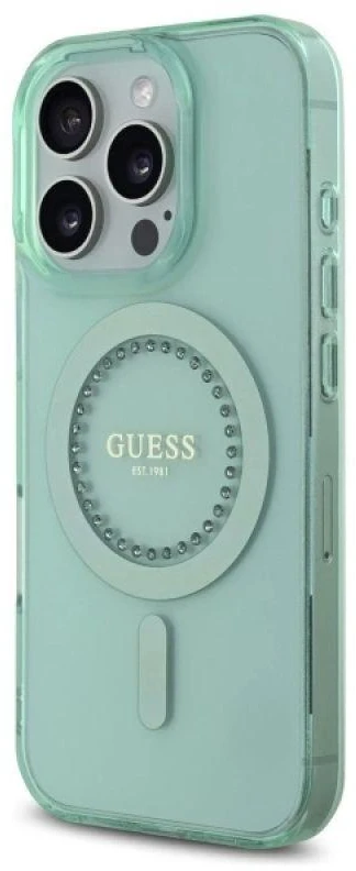 Guess GUHMP16XPFTDTEN Apple iPhone 16 Pro Max 6.9″ žalias kietas dėklas IML Rhinestones MagSafe