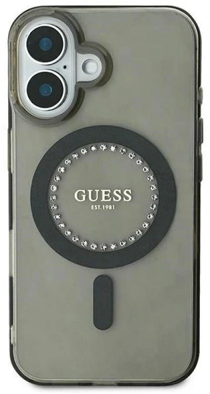 Guess GUHMP16MPFTDTEK Apple iPhone 16 Plus 6.7″ juodos spalvos kietas dėklas IML Rhinestones MagSafe