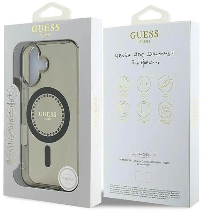 Guess GUHMP16MPFTDTEK Apple iPhone 16 Plus 6.7″ juodos spalvos kietas dėklas IML Rhinestones MagSafe
