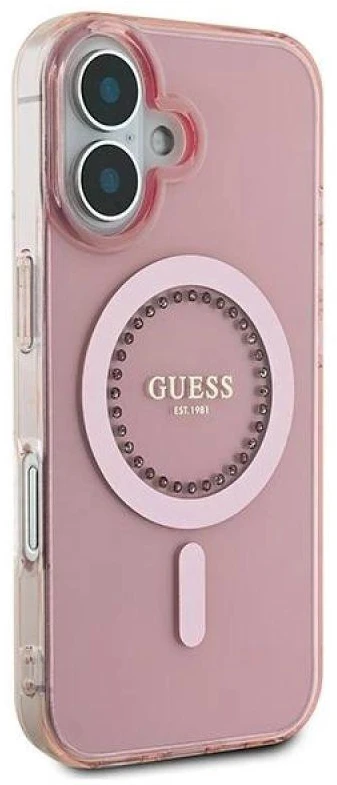 Guess GUHMP16SPFTDTEP Apple iPhone 16 6.1″ rožinės spalvos kietas dėklas IML Rhinestones MagSafe