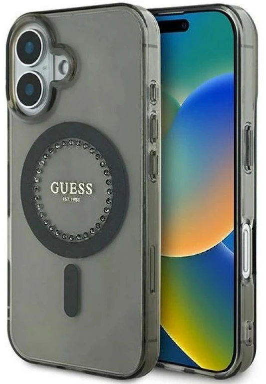 Guess GUHMP16MPFTDTEK Apple iPhone 16 Plus 6.7″ juodos spalvos kietas dėklas IML Rhinestones MagSafe