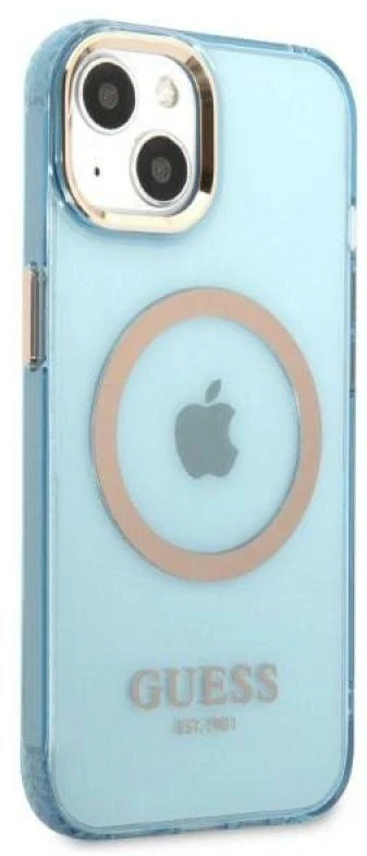 Guess GUHMP13MHTCMB Apple iPhone 13 / 14 / 15 6.1″ mėlynas kietas dėklas Gold Outline Translucent MagSaf