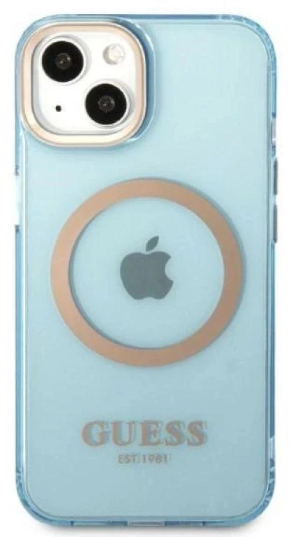 Guess GUHMP13MHTCMB Apple iPhone 13 / 14 / 15 6.1″ mėlynas kietas dėklas Gold Outline Translucent MagSaf
