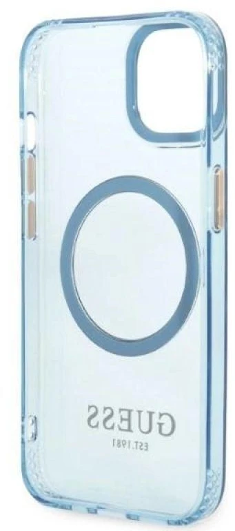 Guess GUHMP13MHTCMB Apple iPhone 13 / 14 / 15 6.1″ mėlynas kietas dėklas Gold Outline Translucent MagSaf