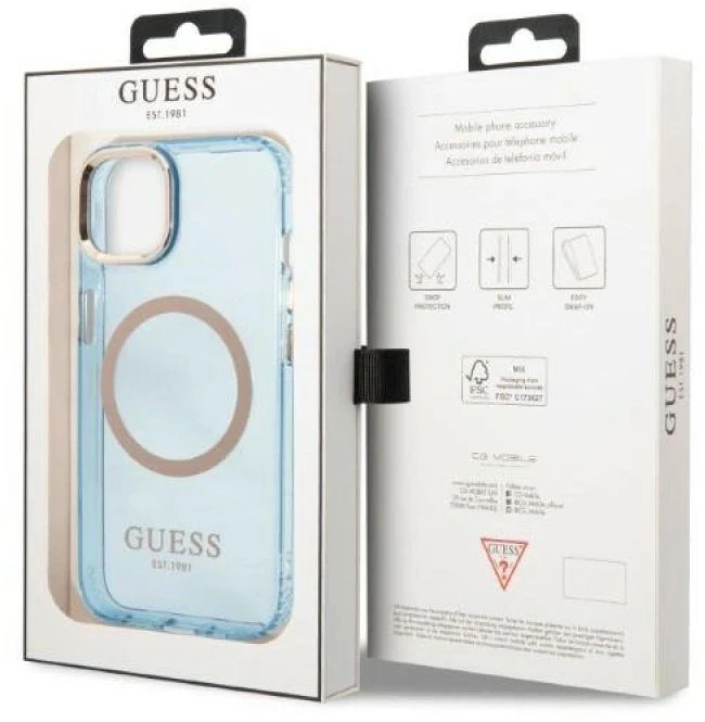 Guess GUHMP13MHTCMB Apple iPhone 13 / 14 / 15 6.1″ mėlynas kietas dėklas Gold Outline Translucent MagSaf