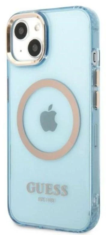 Guess GUHMP13MHTCMB Apple iPhone 13 / 14 / 15 6.1″ mėlynas kietas dėklas Gold Outline Translucent MagSaf