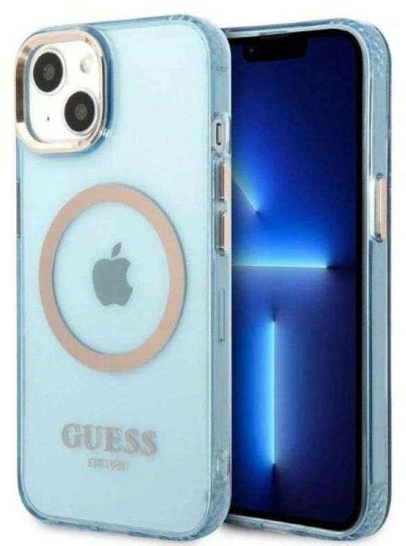 Guess GUHMP13MHTCMB Apple iPhone 13 / 14 / 15 6.1″ mėlynas kietas dėklas Gold Outline Translucent MagSaf