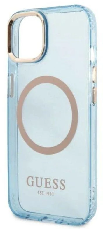 Guess GUHMP13MHTCMB Apple iPhone 13 / 14 / 15 6.1″ mėlynas kietas dėklas Gold Outline Translucent MagSaf