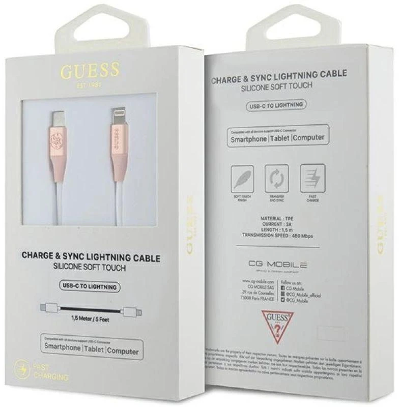 Guess GUCLLALRGDP USB-C laidas - Lightning 1.5m greito įkrovimo rožinis su reljefiniu logotipu