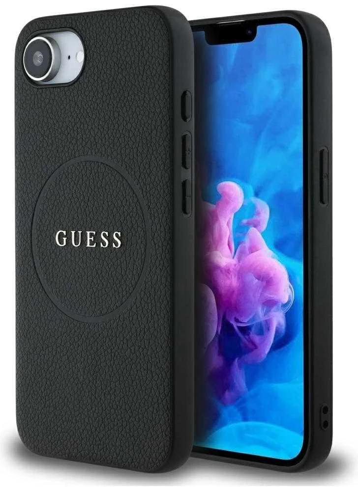 GUESS dėklas skirtas Apple iPhone 16e (SE 4 2025) suderinamas su MagSafe GUHMPSE4PGHSMMK (PU Grained Gold Ring) juodos spalvos