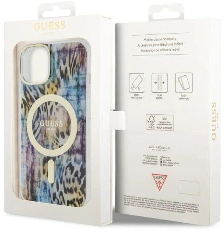 Guess GUHMP14SHLEOPWB Apple iPhone 14 / 15 / 13 6.1″ mėlynas kietas dėklas Leopard MagSafe