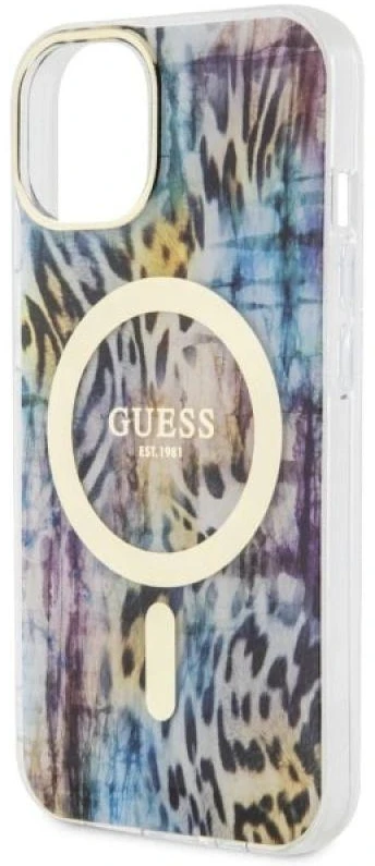 Guess GUHMP14SHLEOPWB Apple iPhone 14 / 15 / 13 6.1″ mėlynas kietas dėklas Leopard MagSafe