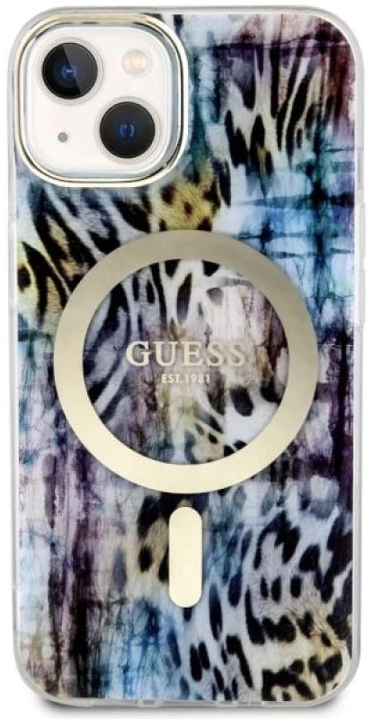 Guess GUHMP14SHLEOPWB Apple iPhone 14 / 15 / 13 6.1″ mėlynas kietas dėklas Leopard MagSafe