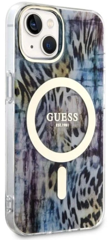 Guess GUHMP14SHLEOPWB Apple iPhone 14 / 15 / 13 6.1″ mėlynas kietas dėklas Leopard MagSafe