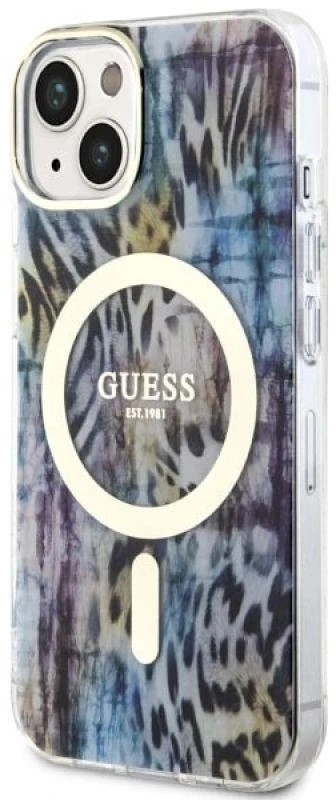 Guess GUHMP14SHLEOPWB Apple iPhone 14 / 15 / 13 6.1″ mėlynas kietas dėklas Leopard MagSafe