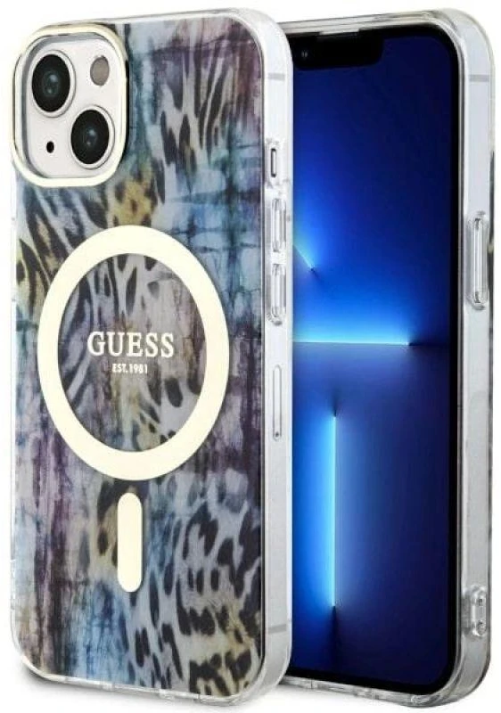 Guess GUHMP14SHLEOPWB Apple iPhone 14 / 15 / 13 6.1″ mėlynas kietas dėklas Leopard MagSafe