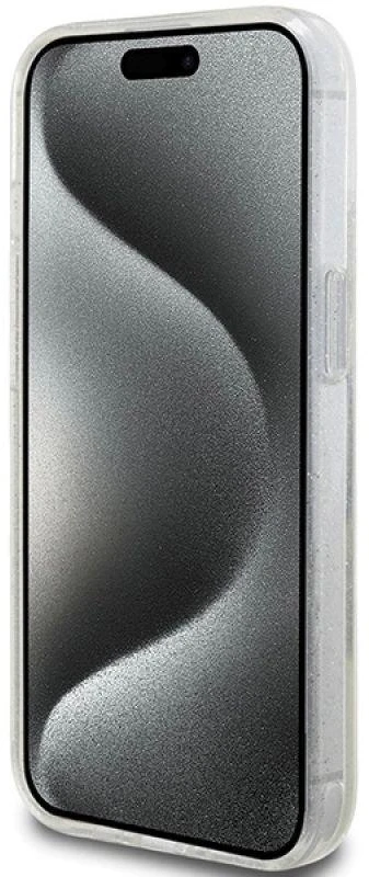 Guess GUHCP15MLFCSEGT Apple iPhone 15 Plus /14 Plus 6.7″ skaidrus kietas dėklas Liquid Glitter Gold Stripes