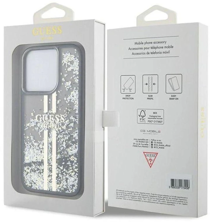 Dėklas GUESS GUHCP15LLFCSEGK IPHONE 15 PRO 6.1 "Juodas/Juodas HARDCASE LIQUID GLITTER GOLD STRIPES