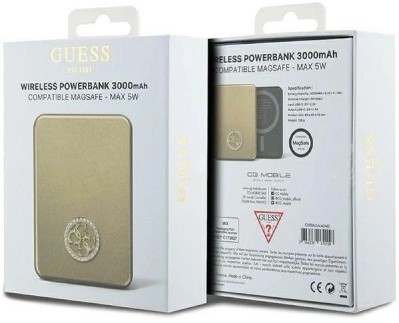 „Guess“ indukcinė išorinė baterija 5W GUPBM3AL4DMD 3000mAh aukso spalvos „MagSafe 4G“ su metaliniu logotipu