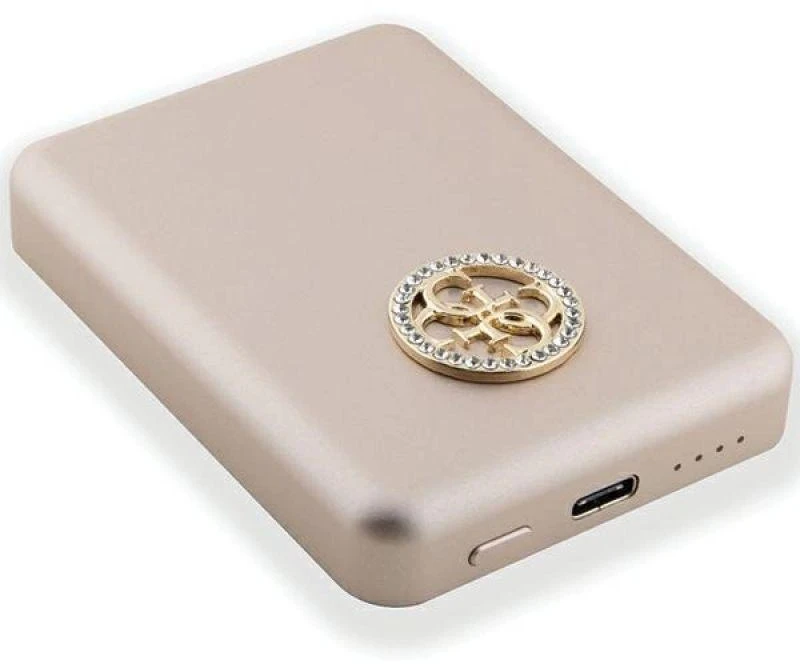 „Guess“ indukcinė išorinė baterija 5W GUPBM3AL4DMD 3000mAh aukso spalvos „MagSafe 4G“ su metaliniu logotipu