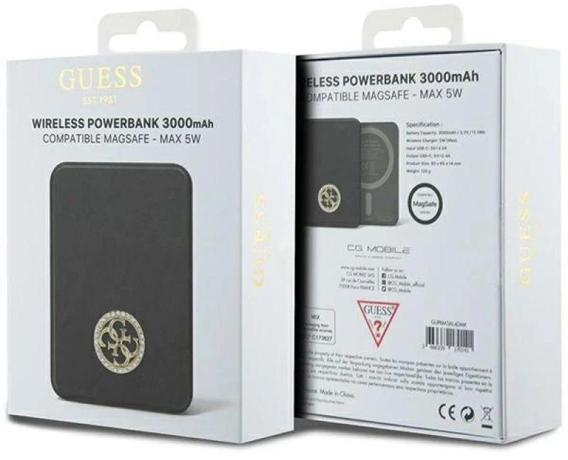 „Guess“ indukcinė išorinė baterija 5W GUPBM3AL4DMK 3000mAh juodos spalvos „MagSafe 4G“ su metaliniu logotipu