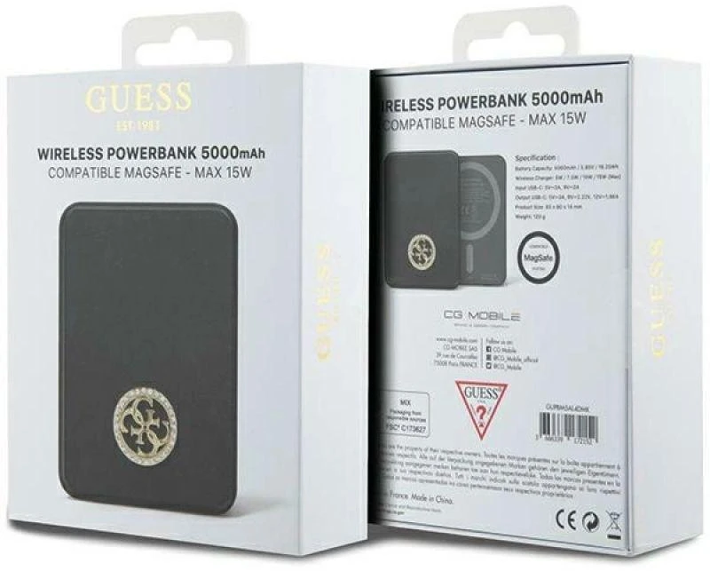 Guess MagSafe 4G indukcinis maitinimo blokelis su metaliniu logotipu ir kristalais, 15W 5000mAh – juodas