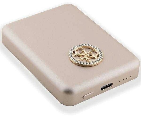 „Guess“ indukcinė išorinė baterija 5W GUPBM3AL4DMD 3000mAh aukso spalvos „MagSafe 4G“ su metaliniu logotipu