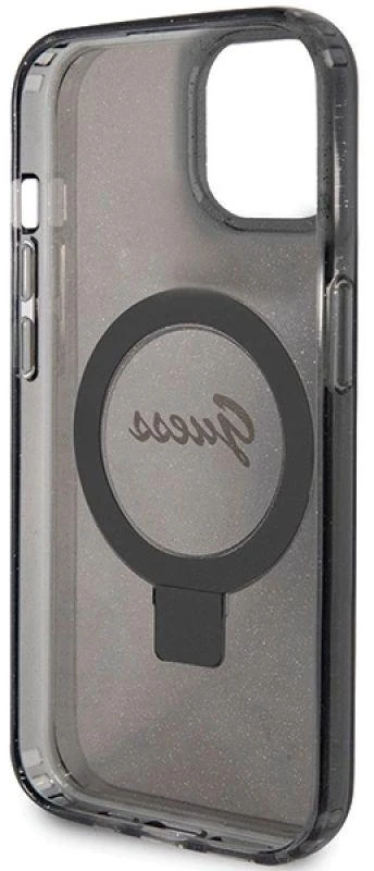 Guess GUHMP15MHRSGSK Apple iPhone 15 Plus / 14 Plus 6.7″ juodos spalvos kietas dėklas Ring Stand Script Glitter Ma