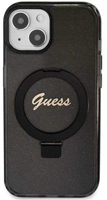 Guess GUHMP15MHRSGSK Apple iPhone 15 Plus / 14 Plus 6.7″ juodos spalvos kietas dėklas Ring Stand Script Glitter Ma