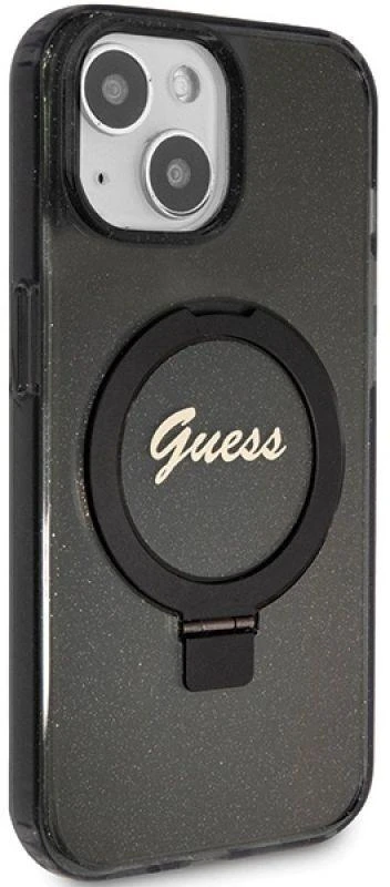 Guess GUHMP15MHRSGSK Apple iPhone 15 Plus / 14 Plus 6.7″ juodos spalvos kietas dėklas Ring Stand Script Glitter Ma