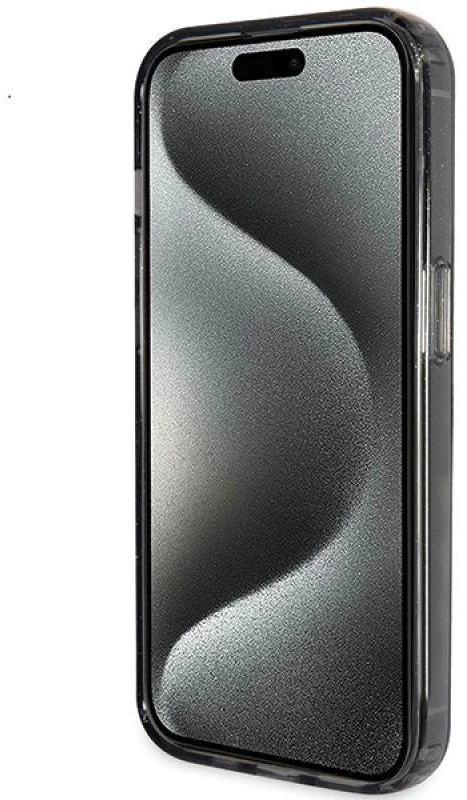 Guess GUHMP15MHRSGSK Apple iPhone 15 Plus / 14 Plus 6.7″ juodos spalvos kietas dėklas Ring Stand Script Glitter Ma