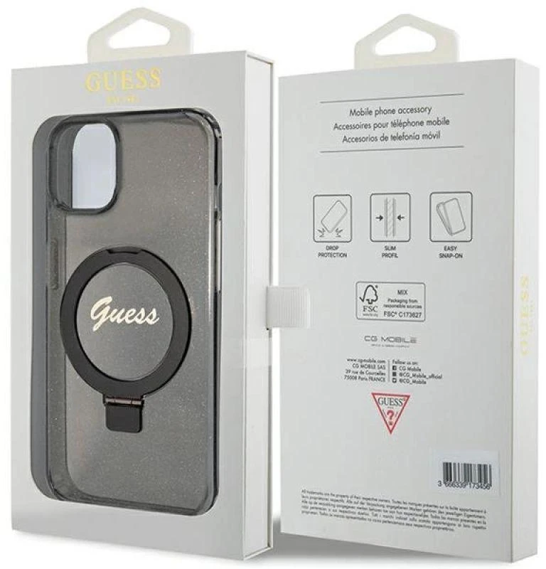 Guess GUHMP15MHRSGSK Apple iPhone 15 Plus / 14 Plus 6.7″ juodos spalvos kietas dėklas Ring Stand Script Glitter Ma