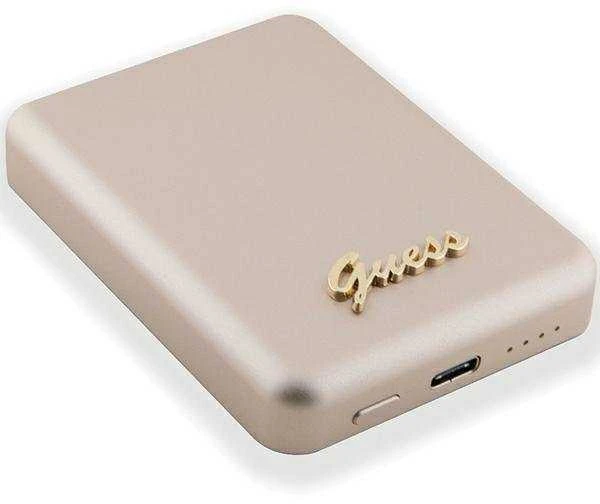 „Guess“ indukcinė išorinė baterija 5W GUPBM3ALGSGD 3000mAh aukso spalvos „MagSafe Metal Script Logo“