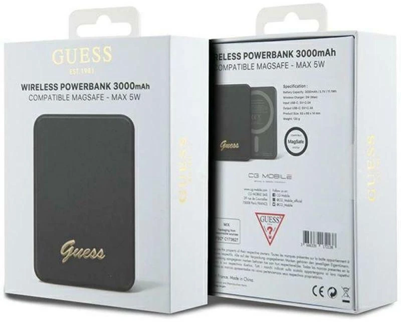 „Guess“ indukcinė išorinė baterija 5W GUPBM3ALGSGK 3000mAh juodos spalvos „MagSafe Metal Script Logo“