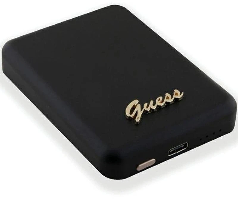 „Guess“ indukcinė išorinė baterija 5W GUPBM3ALGSGK 3000mAh juodos spalvos „MagSafe Metal Script Logo“