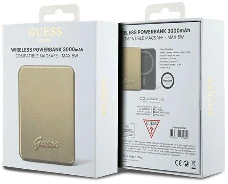 „Guess“ indukcinė išorinė baterija 5W GUPBM3ALGSGD 3000mAh aukso spalvos „MagSafe Metal Script Logo“