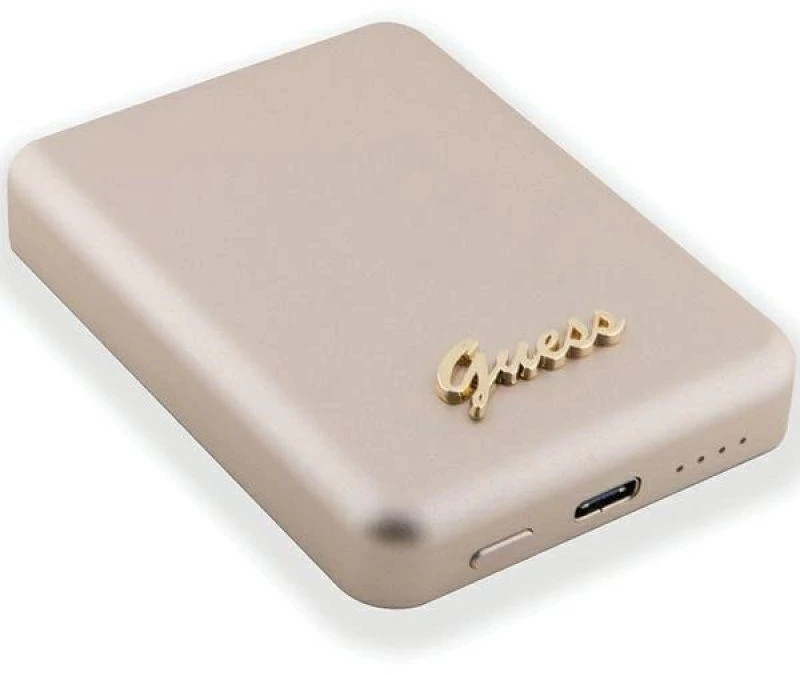 „Guess“ indukcinė išorinė baterija 5W GUPBM3ALGSGD 3000mAh aukso spalvos „MagSafe Metal Script Logo“