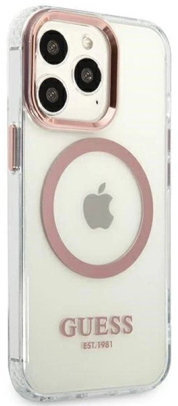 Guess GUHMP13LHTRMP Apple iPhone 13 Pro / 13 6,1″ rožinės spalvos kietas dėklas Metal Outline Magsafe