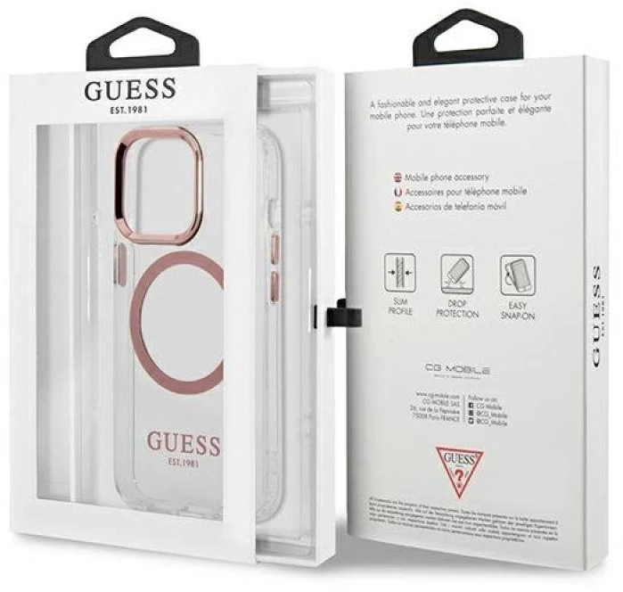 Guess GUHMP13LHTRMP Apple iPhone 13 Pro / 13 6,1″ rožinės spalvos kietas dėklas Metal Outline Magsafe