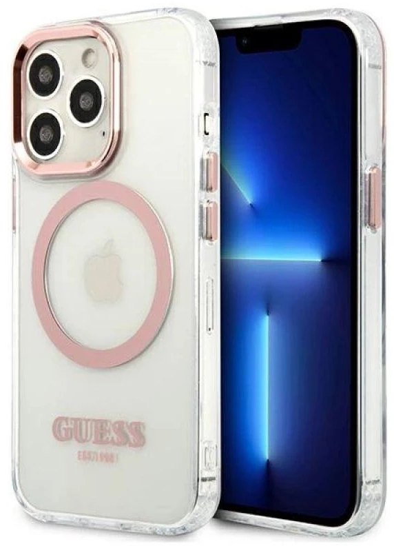 Guess GUHMP13LHTRMP Apple iPhone 13 Pro / 13 6,1″ rožinės spalvos kietas dėklas Metal Outline Magsafe