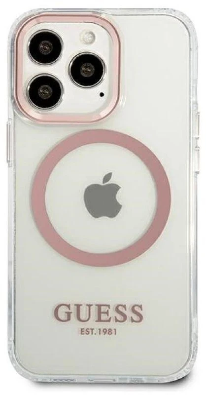 Guess GUHMP13LHTRMP Apple iPhone 13 Pro / 13 6,1″ rožinės spalvos kietas dėklas Metal Outline Magsafe