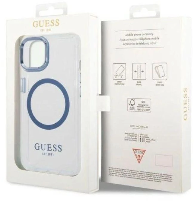 Guess GUHMP14MHTRMB Apple iPhone 14 Plus / 15 Plus 6.7″ mėlynas kietas dėklas Metal Outline Magsafe