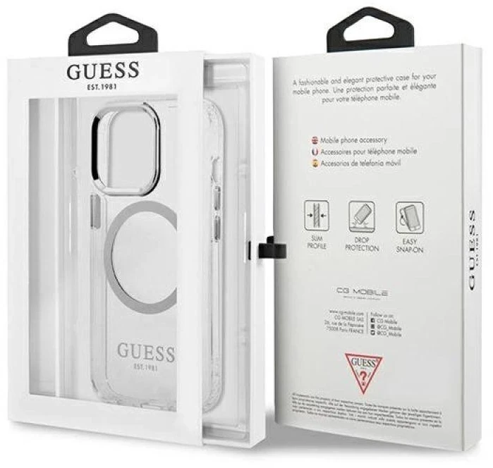 Guess GUHMP13LHTRMS Apple iPhone 13 Pro / 13 6,1″ sidabrinis kietas dėklas Metal Outline Magsafe