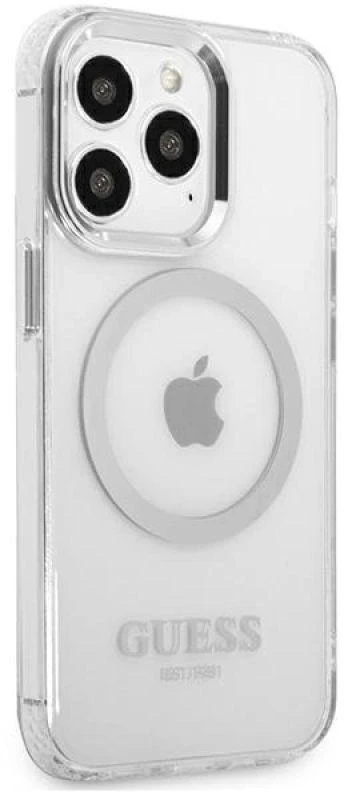 Guess GUHMP13LHTRMS Apple iPhone 13 Pro / 13 6,1″ sidabrinis kietas dėklas Metal Outline Magsafe
